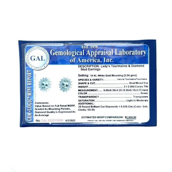 Natural Tourmaline Diamond Stud Earrings 14k W Gold 2.42 TCW Certified 215090 - Picture 9 of 9